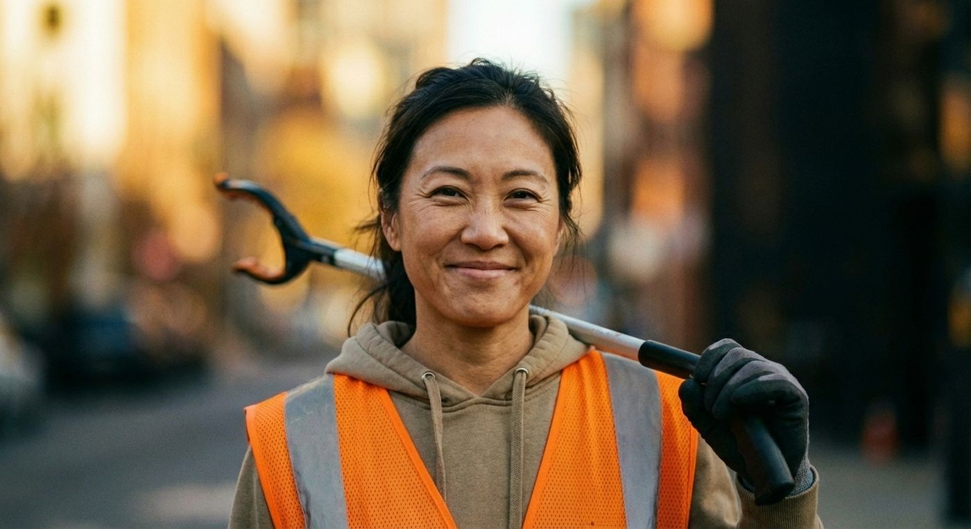 A Clean Streets cleaner with a litter picker on a San Francisco street